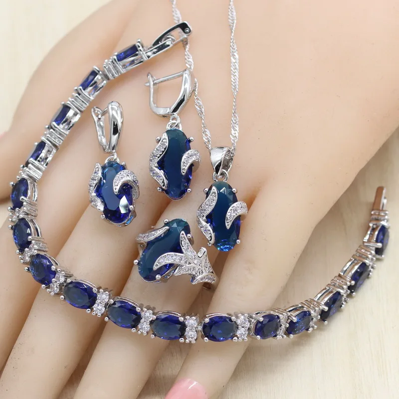 Oval Royal Blue Semi-precious Women Silver Color Jewelry Sets with Bracelet Necklace Pendant Earrings Ring Birthday Gift