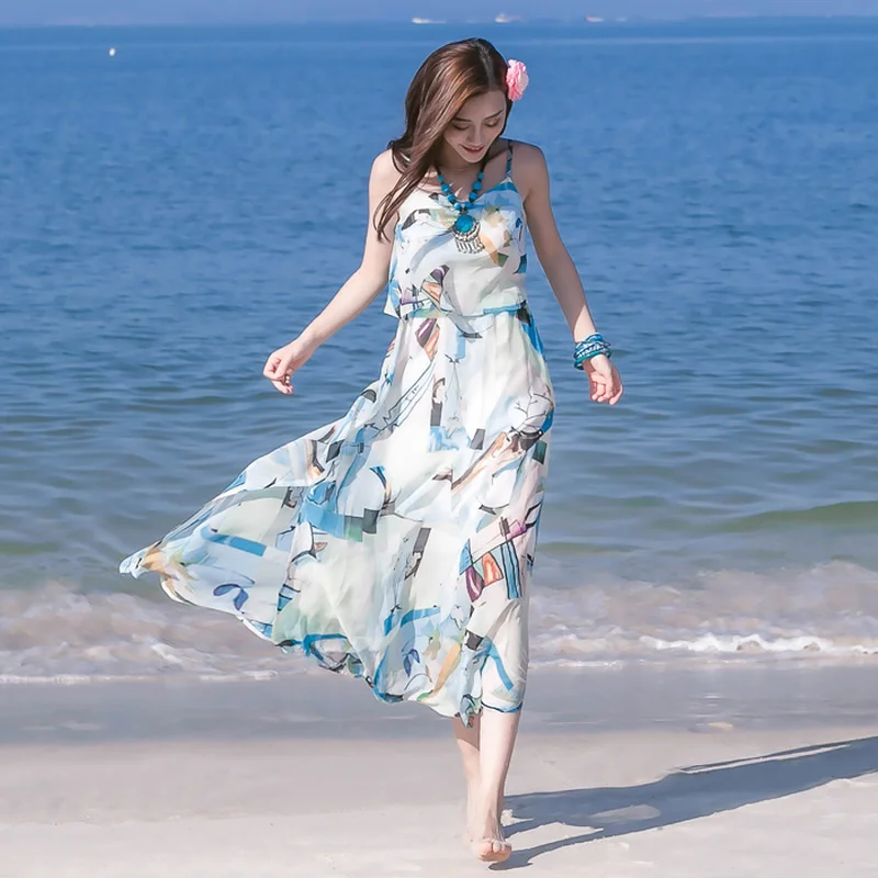 Dresses Women Chiffon Summer Beach Vacation Sundress Hot Sale Elegant Print Ulzzang Popular Trendy Classic Retro Chic New Cozy