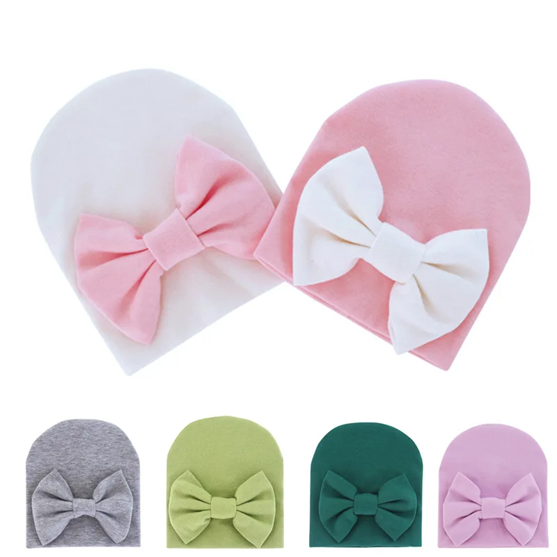 2020 Baby Girl Hat with Bow Cotton Warm Newborn Caps Infant Beanie Baby Stuff Accessories Solid Bowknot Cap for Girls Kid Hats