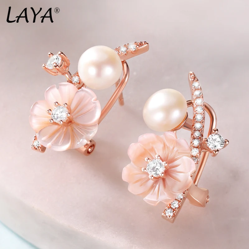 Laya 925 Sterling Silver Summer Hot Style Jewelry High Quality Zircon Natural Shell Flower Freshwater Pearl Earrings For Women