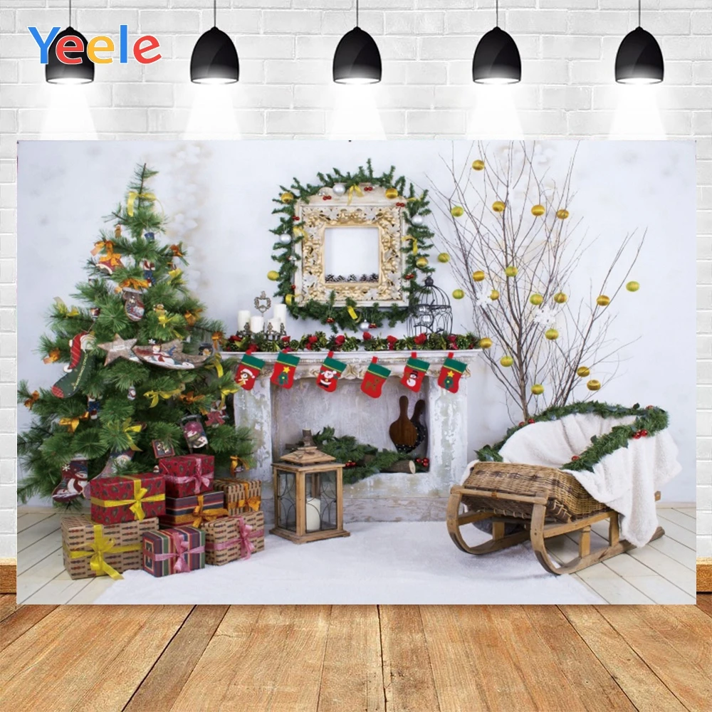 Yeele Merry Christmas Party Photography Backdrops Christmas Tree Fireplace Gift Background Baby Shower Decor For Photo Studio