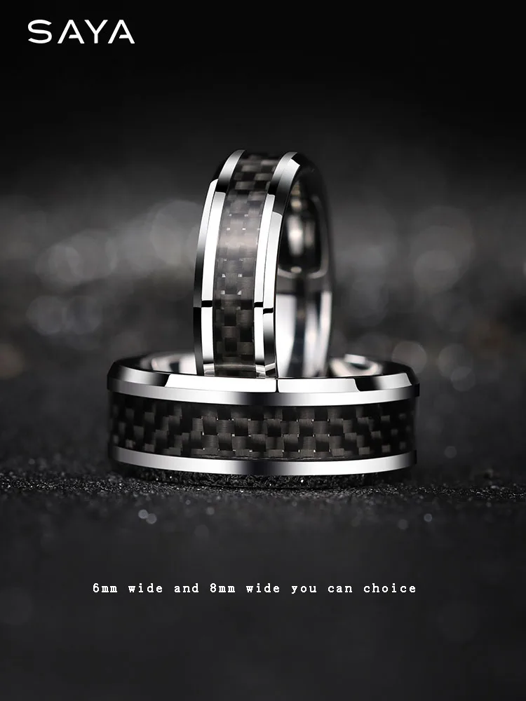 High Polished Black Carbon Fiber Inaly Tungsten Rings for Men\'s Finger Rings Comfort Fit, Engraving