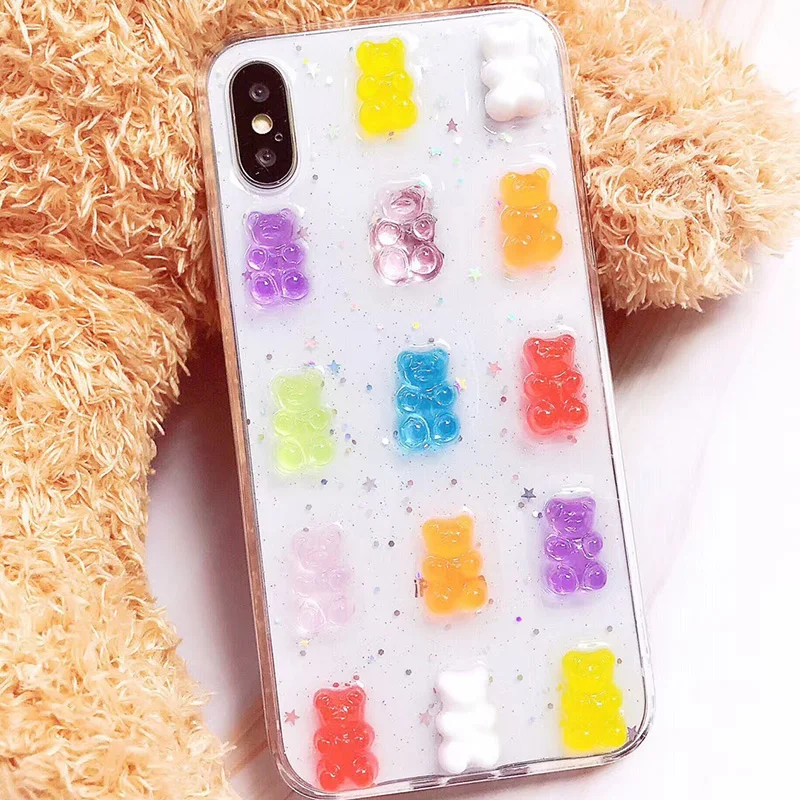 Cute 3D Stereo Candy Gummy Bear Glitter Phone Case For iPhone 15 14 13 12 11Pro Max X XS Max XR 11 13 Promax 14 15 Plus Cover