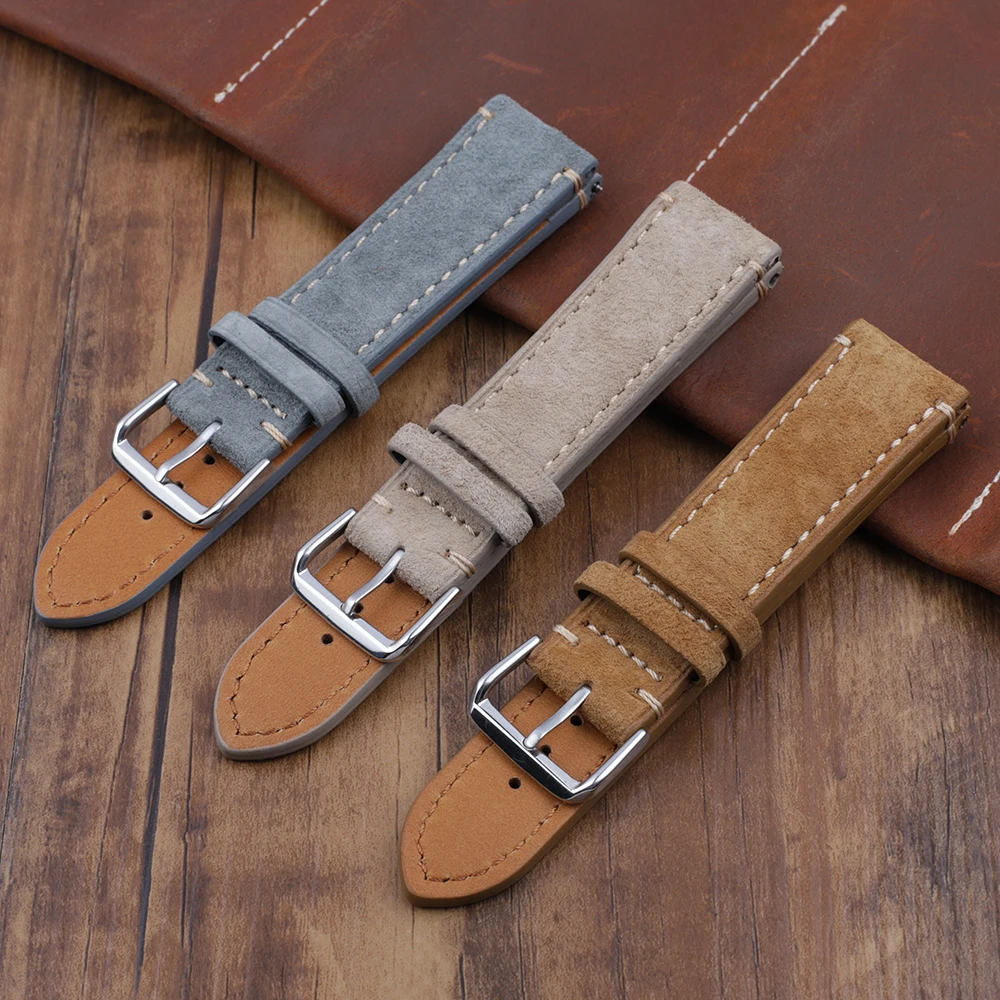 Genuine Suede Leather Vintage Watch Straps High Quality Handmade Velvet Watch Band 18mm 20mm 22mm 24mm Replacement Strap