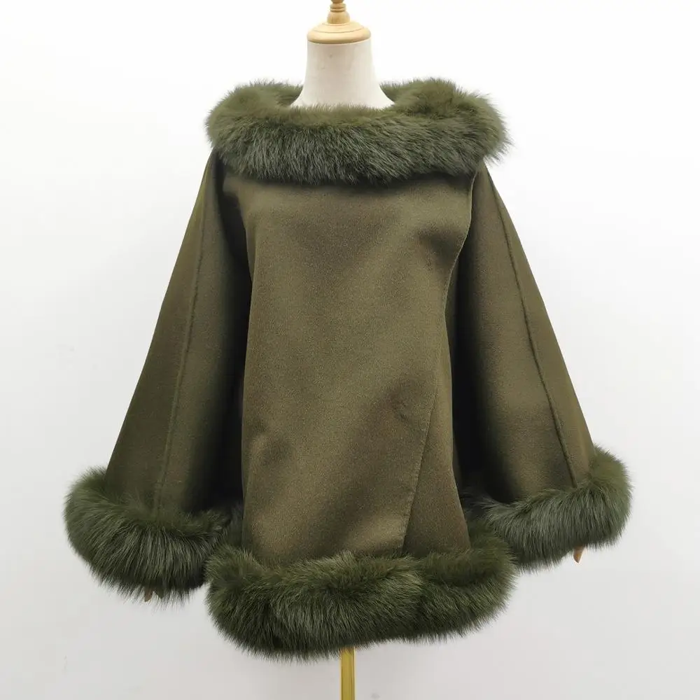 Women Cashmere Cloak Fox Fur Collar Thick Warm Coat Shawl Oversize Female Cape Winter Women Wool Jacket