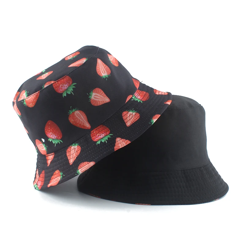 Panama Bucket Hat Men Women Summer Bucket Cap Reversible Strawberry Print Bob Hat Hip Hop Gorros Fishing Fisherman Hat