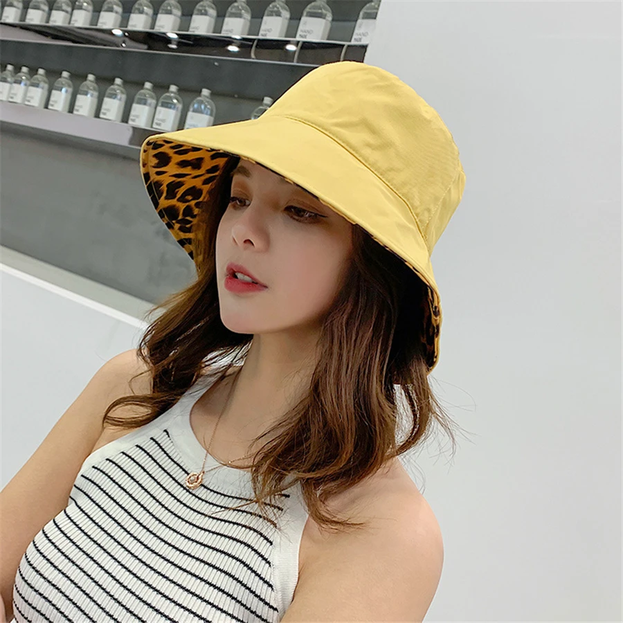 New Leopard Panama Hat Women Japanese Double-sided Sunshade Bucket Hats Female Sun Protection Sunscreen Caps Wholesale