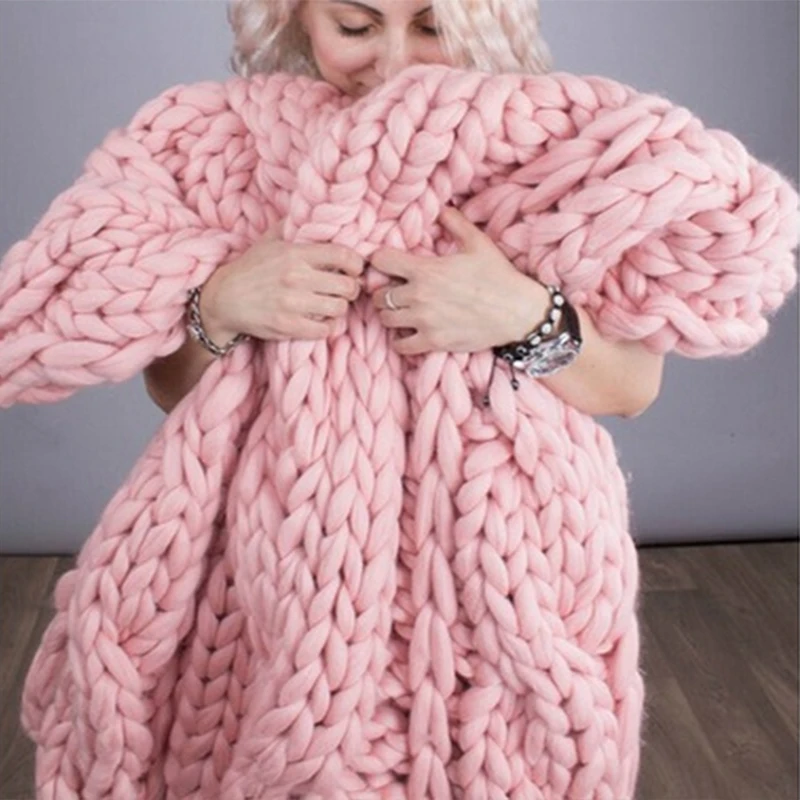 Fashion Hand Chunky Knitted Blanket Thick Yarn Wool-like Polyester Bulky Knitted Blankets Winter Soft Warm Throw Drop Shipping