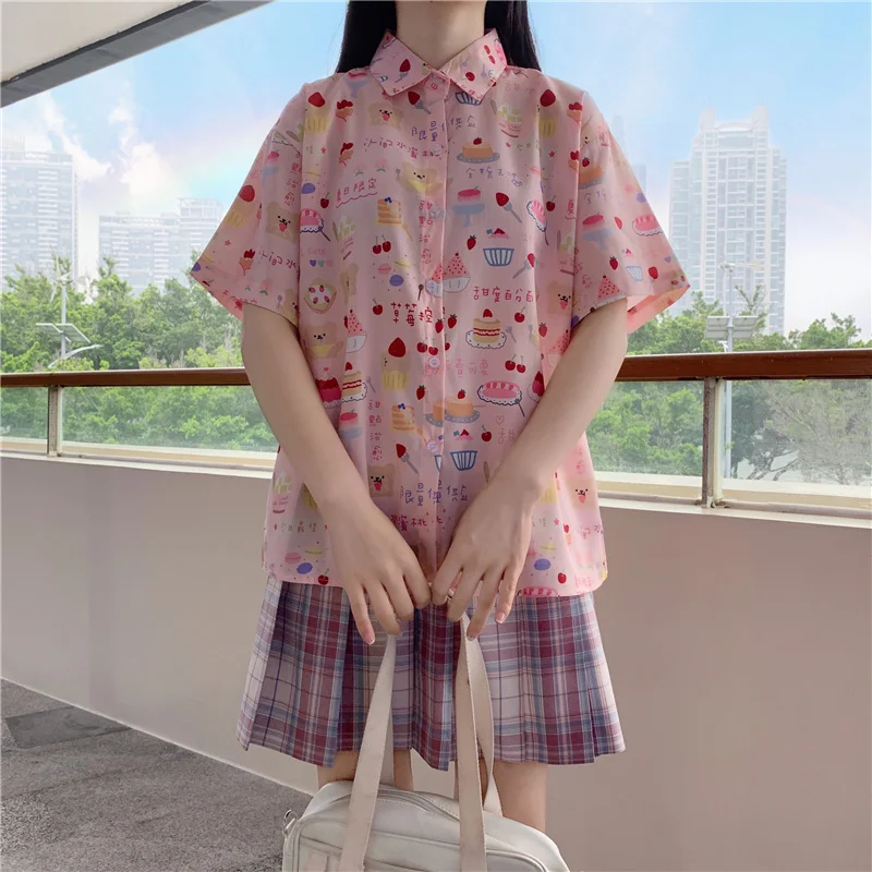 Summer Women Kawaii Strawberry Cake Print Short Sleeve Shirts Cute Tops Camisas Mujer JK Style School Girls Button Casual Blusas