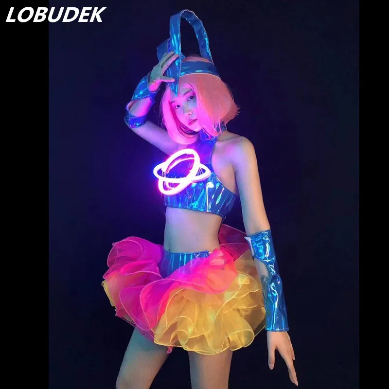 

Sexy Festival Light Dance Costume LED Tops Tutu Skirt Outfit Women Dancer Future Technology Performance Stage Wear Bar Clothes