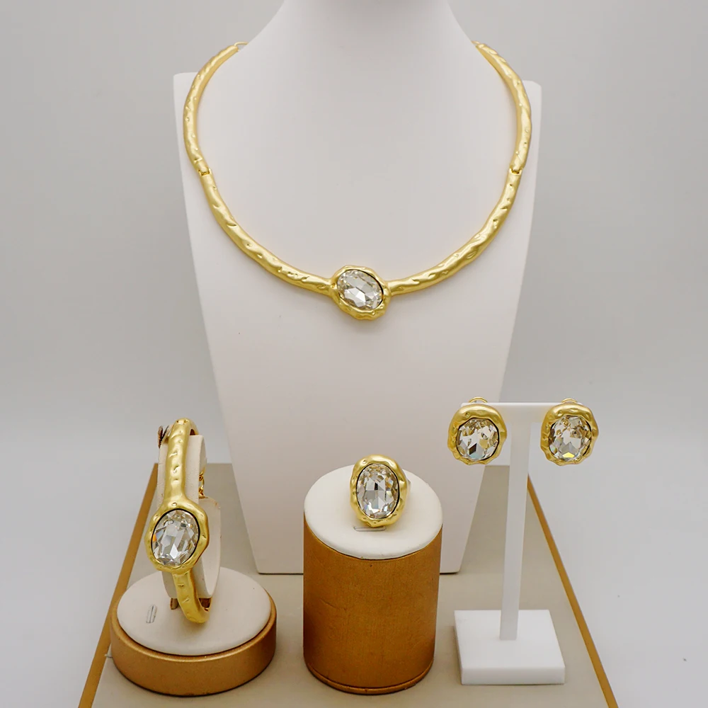 Italian Gold Collars Necklace Jewelry Set Unique Big Stone Women Zircon Jewelry Earrings Bracelet