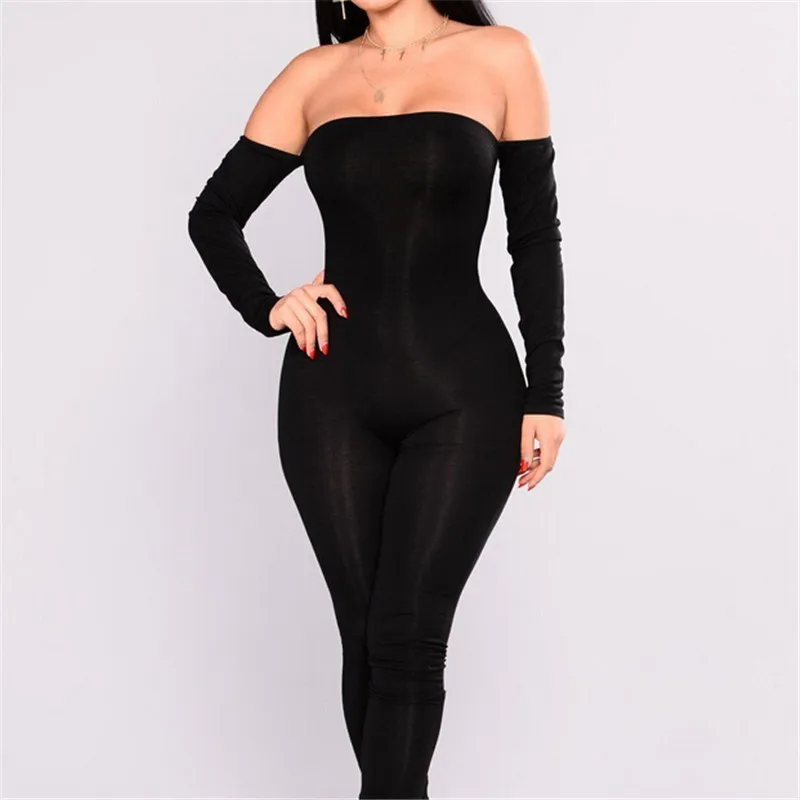 Vrouwen Jumpsuit Off Shoulder Clubwear Speelpakjes Dames Bodycon Party Jumpsuits Vrouwelijke Solid Slash Hals Rompertjes S-XL Zwart