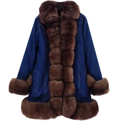 Cowboy jacket real fox fur collar fur liner pie overcoming coat mid-length thick hooded women's jacket