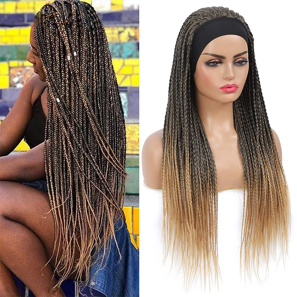 Lihui 26Inch Braided Box Braids Wig Ombre Brown Braided Wig For Black Women Synthetic Headband Wig Long Hair Extensions