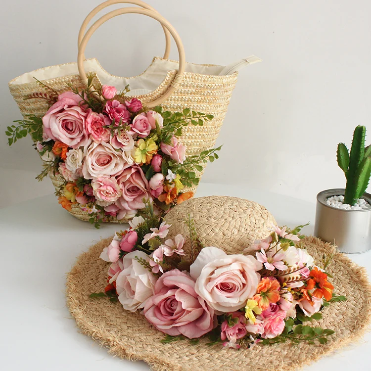 women summer beach rattan handbag Bohemia style holiday casual colorful artificial flower weave straw tote handbag and hat suit