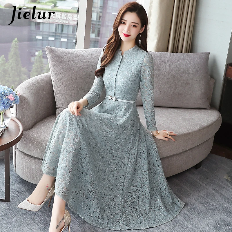 Jielur-Vestido Trompete Feminino com Renda O Pescoço, Vestido Manga Longa, Coreano, Magro, Sexy, Elegante, Escritório, Moda Outono, M-3XL, Novo