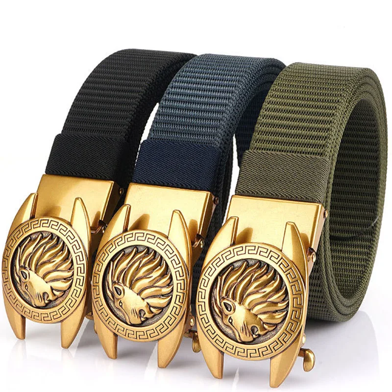 BOKADIAO Man's Nylon Belt Luxury Gold Lions Metal Automatic Buckle Canvas Belts for Men Fashion Jeans Waistband Black Male Strap