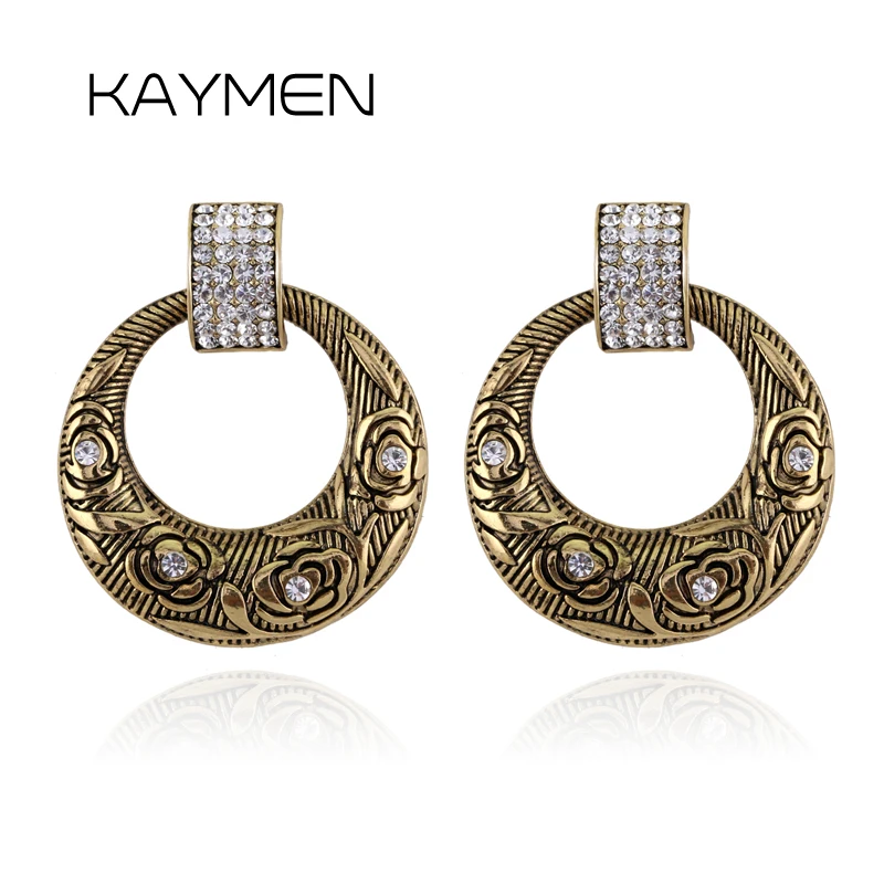 

New Arrivals Statement Jewelry Vintage Circle Drop Earrings for Women Handmade Chunky Embossment Rhinestones Ear-ring Eardrop