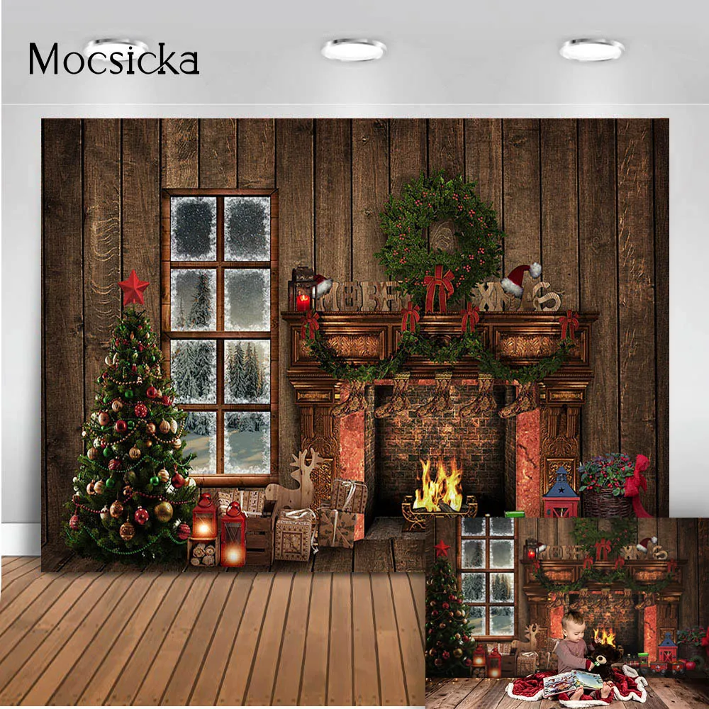 

Merry Christmas House Photography Backdrop Rustic Wood Fireplace Windows Photo Background Studio X-mas Decoration Photocall