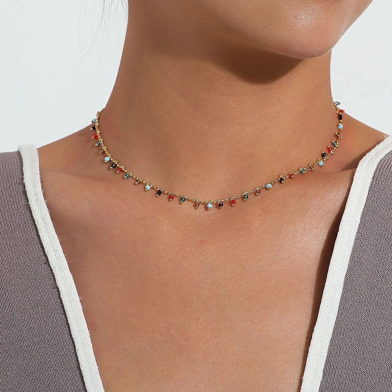 Böhmische bunte Acryl-Kristallperlen-Quasten-Choker-Halskette, einfacher Trend, handgemachte Perlenkette für Frauen, Geschenk-Schmuck. – Detail 2