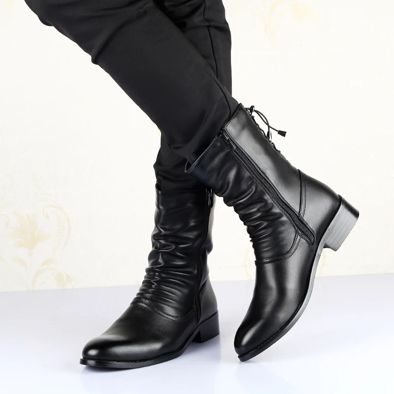 Winter Pointed Toe Mens Mid-calf Boots Increased To Leather Men\'s Boots Long Tube Mens Winter Boots