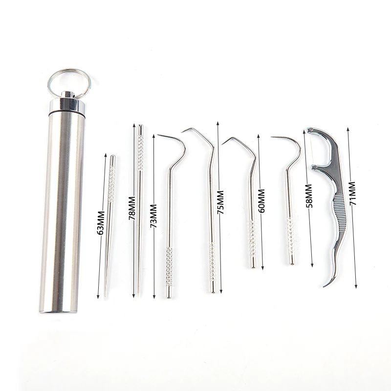 Nuovo sacchetto portatile per stuzzicadenti in metallo in acciaio inossidabile da 8 pezzi Set protezione ambientale riutilizzabile con supporti per campo da Picnic all'aperto