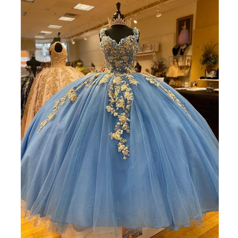 Light Blue Ball ชุด Quinceanera ชุดลูกไม้หวาน16ชุดพรหม Gowns ทอง Applique Vestido De 15 Anos