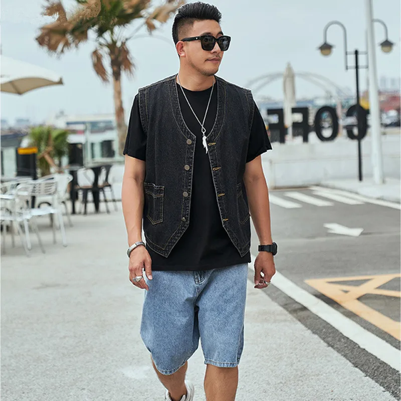 Motorcycle Vest Male Denim Sleeveless Jacket Korean 6XL 7XL 8XL Waistcoat Plus Size Men Style Cowboy Jeans Collarless Ceketler