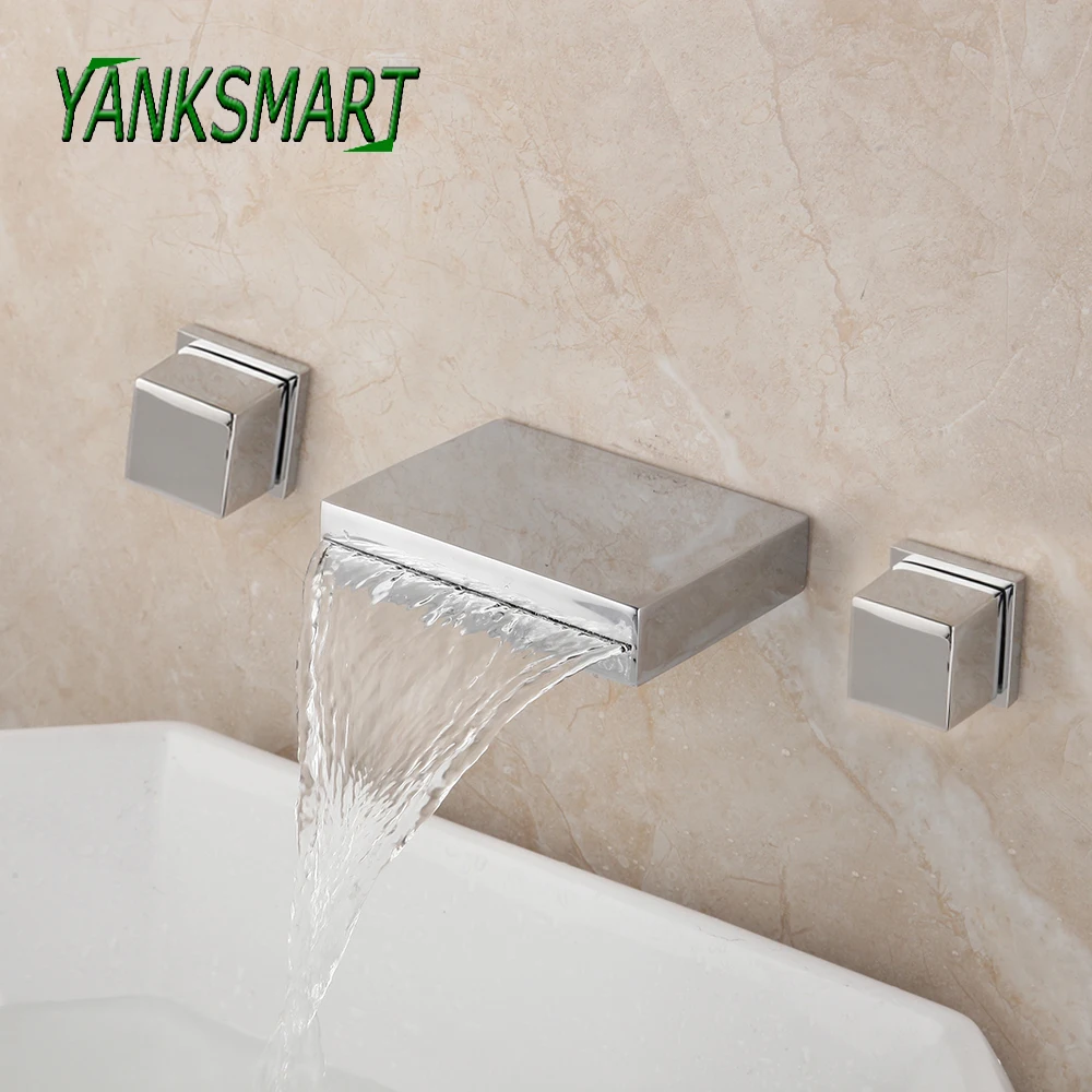 

YANKSMART 3 Pcs Chrome Polished Bathroom Bathtub Faucets Waterfall Spout Dual Handles Faucet Wall Mounted Cold & Hot Mixer Tap