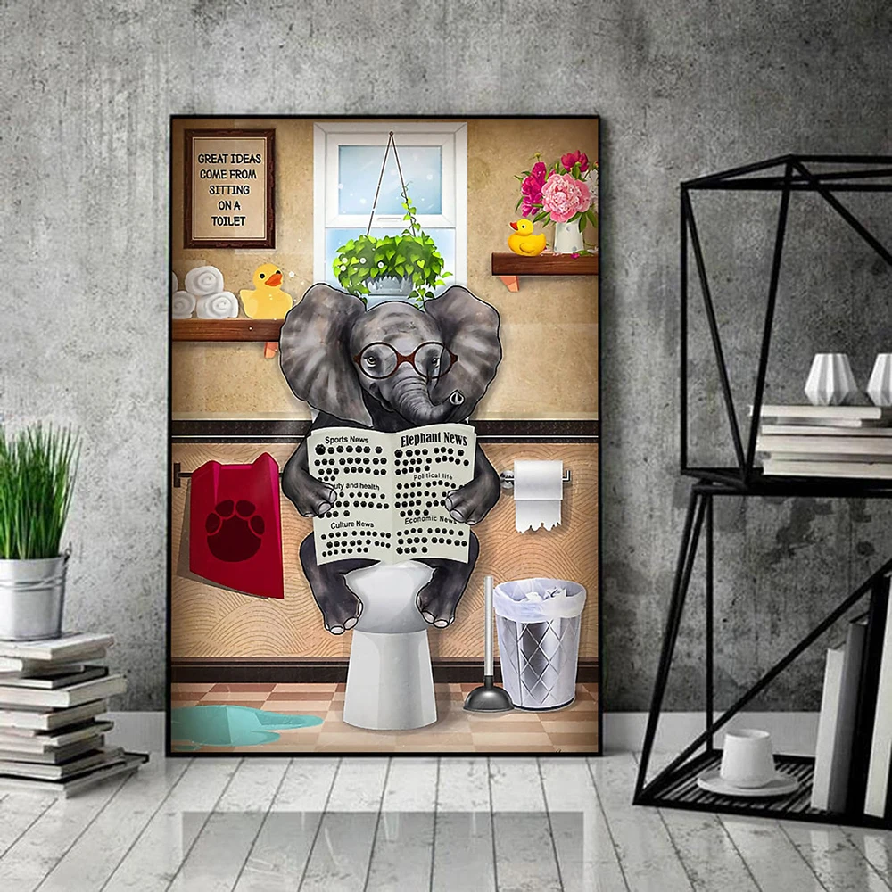 Elephant Reading Newspaper Toilet Wall Art Canvas Poster Prints Funny Animal Painting Wall Pictures Bathroom Home Decor Gift