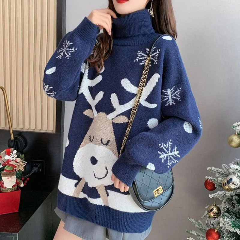 2022 New Year Christmas Clothing Women\'s Autumn Winter Turtleneck Sweater Fashion Red Plus Size Dresses T Shirt For Women Casual