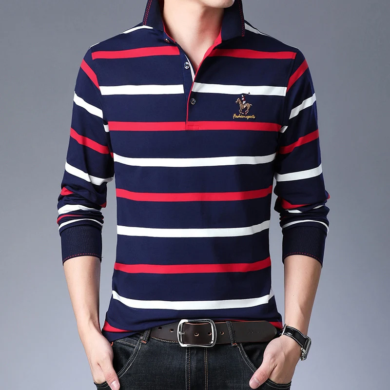 polo shirt men Spring new quality mens cotton long sleeve stitching stripes embroidery lapel youth Business casual polo shirt851