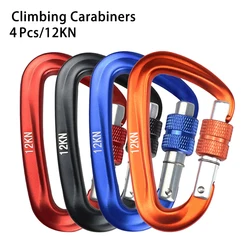 4Pcs Screw Lock D Shape Climbing Carabiner 12KN Multifunctional Fast Hanging Fixed Hook Outdoor EDC Buckles Dog Chain Keychain