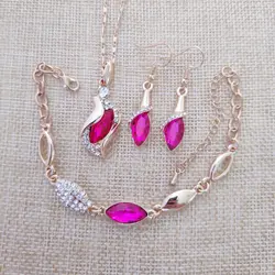 QiLeSen Fine Jewelry 925 Sterling Silver for Women's Wedding Angel Elf Gold Fuchsia Necklace Earrings Bracelet Set yw046