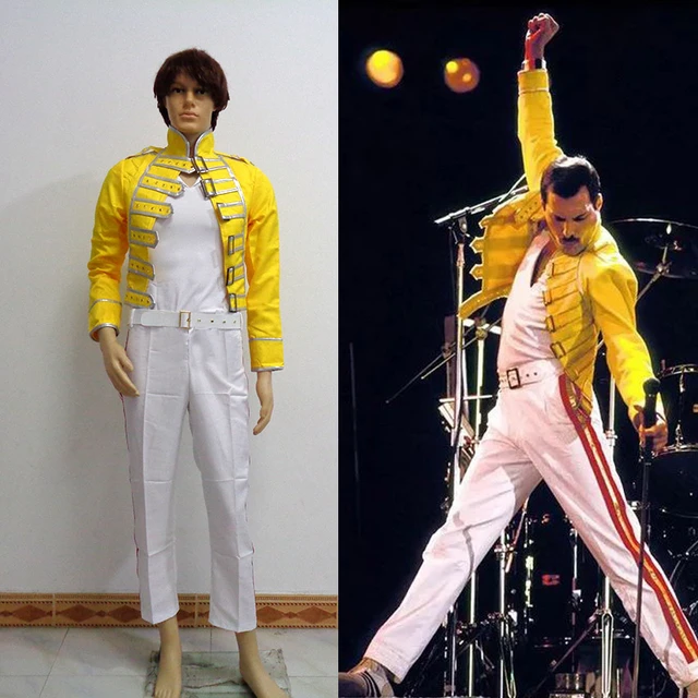 男性用のqueen主導のボーカル,freddiemercuryの黄色いジャケット,白いパンツ,コスプレ衣装,ハロウィーンのユニフォーム,カスタムメイド,すべてのサイズ  - AliExpress