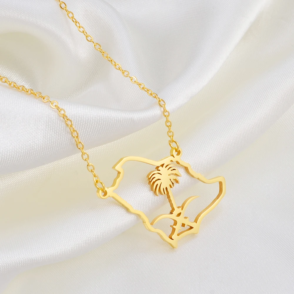 Anniyo Saudi Arabia Map Charm Pendant Necklaces Emblem of Saudi Arabia Symbol Jewelry Women Girls #263021