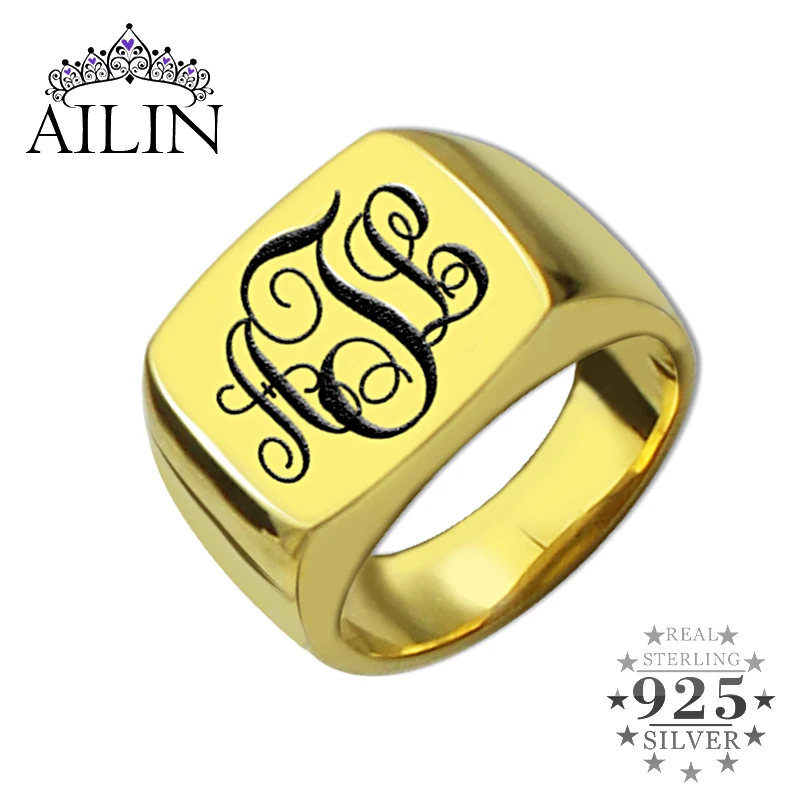 

AILIN Silver 925 Custom Ring Men Women 18K Plated Gold Color Initial Letter Engraved Monogram Ring Father Mother Jewelry Gifts