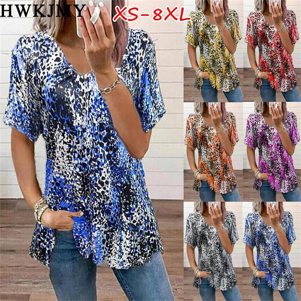 Summer Women's Clothing V-neck  Short Sleeve Tops Printed Tees Casual Loose T-shirt Ladies Zipper Tee XS -  8XL