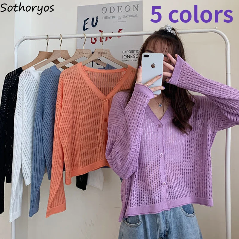 

Women Cardigans V-neck Hollow Out Knitted Simple Solid Fashion All-match Korean Style Teens Retro Loose Cozy Streetwear