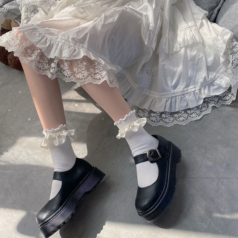 

Japanese Style Satin Lace Pure Color All-Matching Cute Socks Lolita Girl Warm Mid-Calf Length Socks Spring and Summer Female