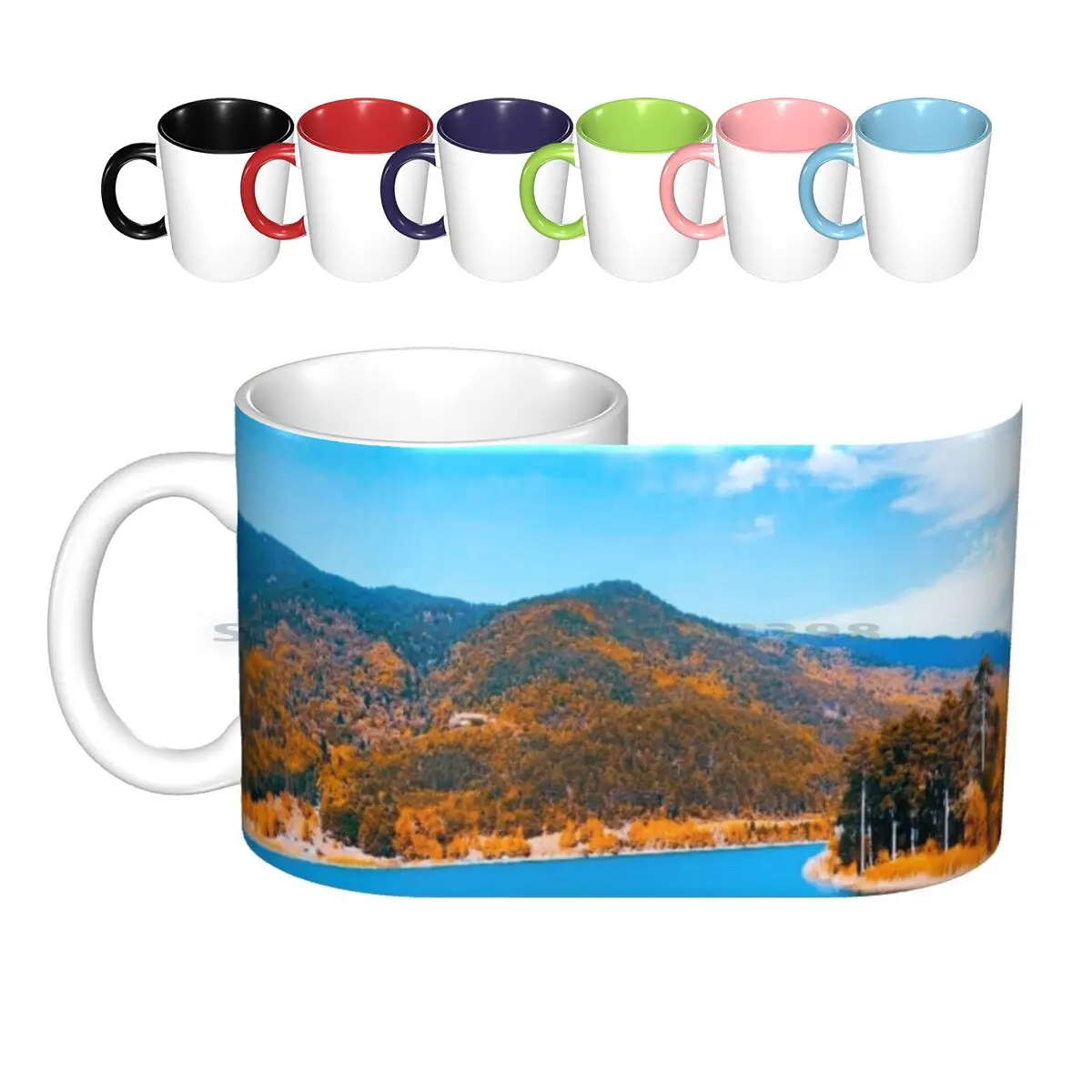 Autumn In Mountain Lake Ceramic Mugs Coffee Cups Milk Tea Mug Mountain Lake Autumn Blue Blueskye Skye Sun Landscape Trees