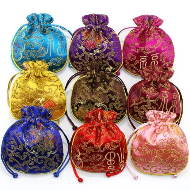 10pcs Small Chinese Good Luck Silk Brocade Bags Drawstring Jewelry Gift Pouch Packaging Christmas Party Candy Favor Bag