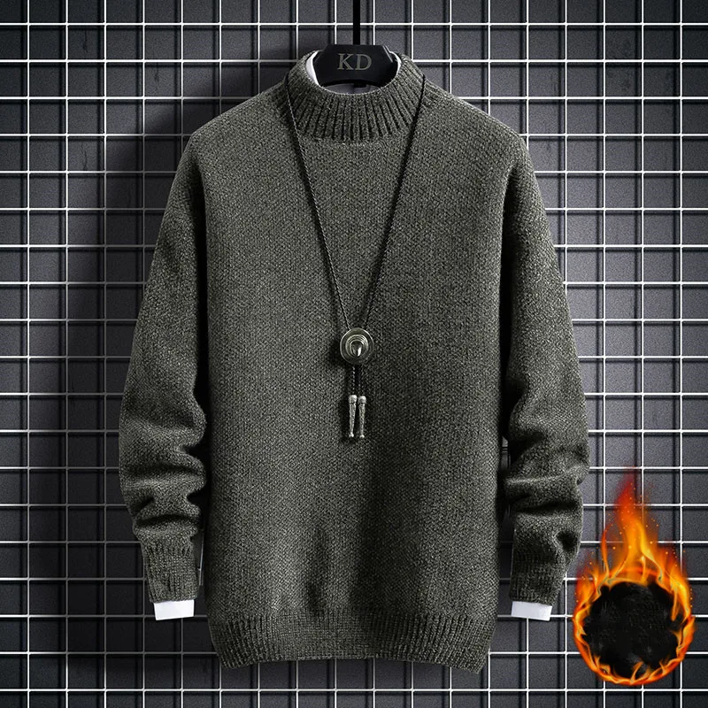 men\'s autumn winter solid color pullover plus velvet warm knit sweater solid color stretch slim fashion bottoming shirt Sweaters