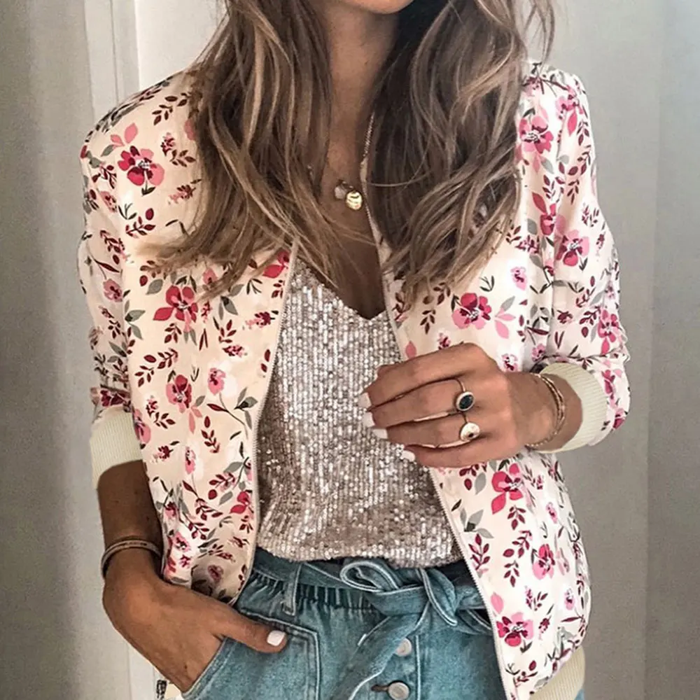 Floral impresso jaqueta feminina outono inverno moda o pescoço manga comprida com zíper bolso casacos casuais bombardeiro outwear streetwear