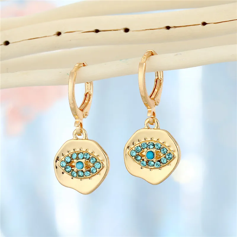 1Pair Irregular Round Turkish Eye Hoop Earrings For Women Vintage Shiny Blue Crystal Lucky Evil Eye Small Ear Stud Jewelry E368