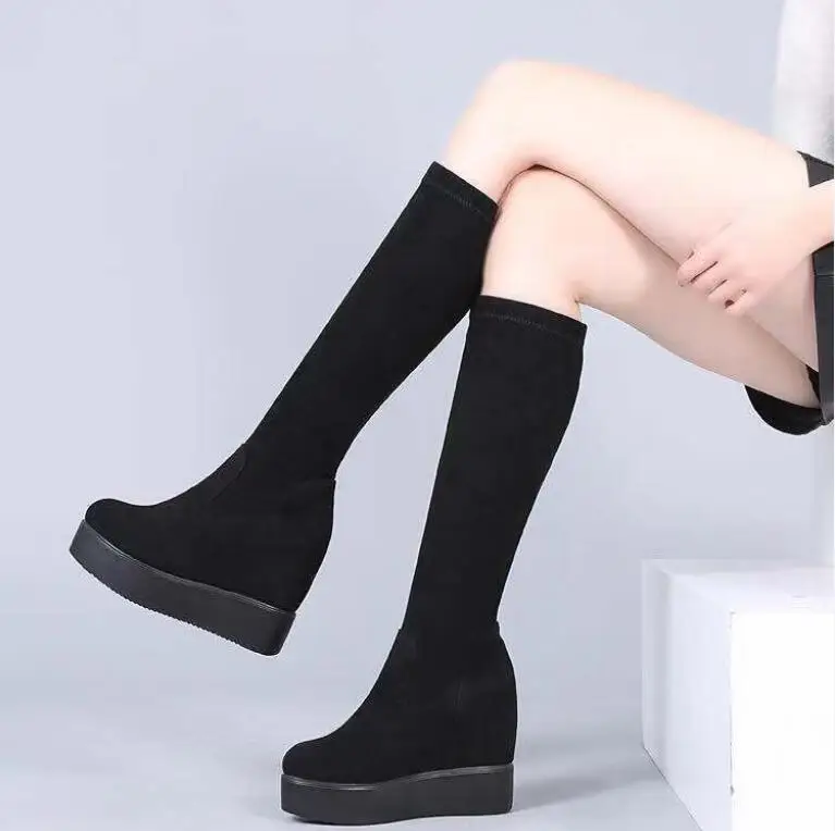 Autumn Winter Warm Wedges Knee High Boots Inner Increase Women's Round Toe Elastic Boots Long Tube Muffin Bottom Female Shoes