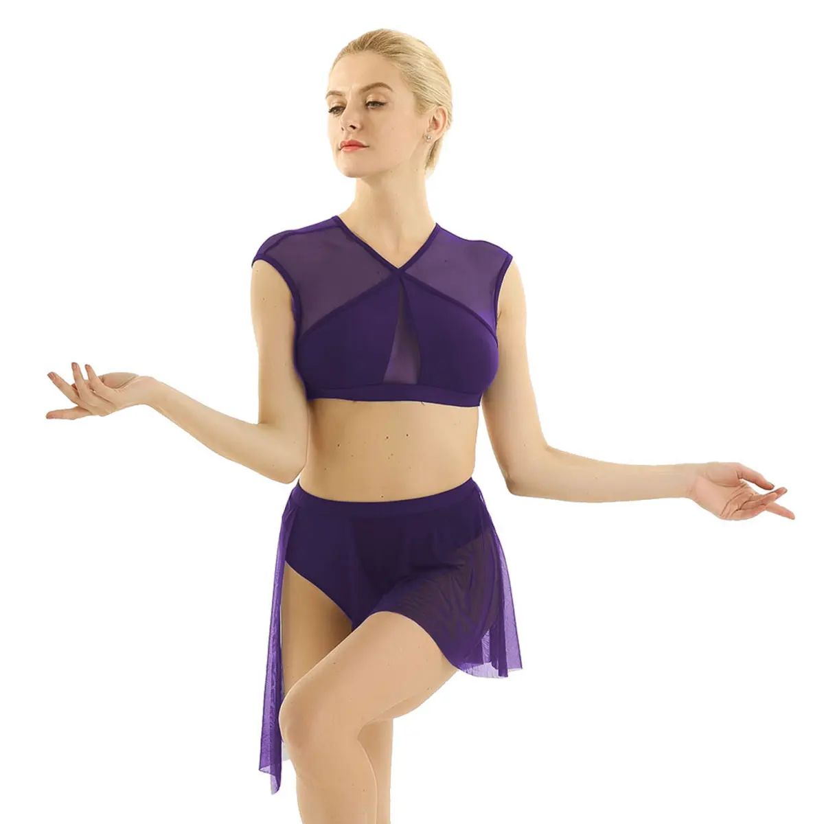 2 Pieces Women Asymmetrical Ballet Tutu Dancewear Female Mesh Splice Crop Top and Leotard Skirt Stage Lyrical Dance Costumes Set