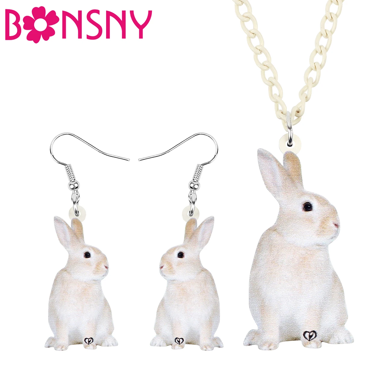 Bonsny Acrylic White Easter Hare Rabbit Bunny Jewelry Sets Earrings Necklace Long Pets Animal Jewelry For Women Girls Charm Gift