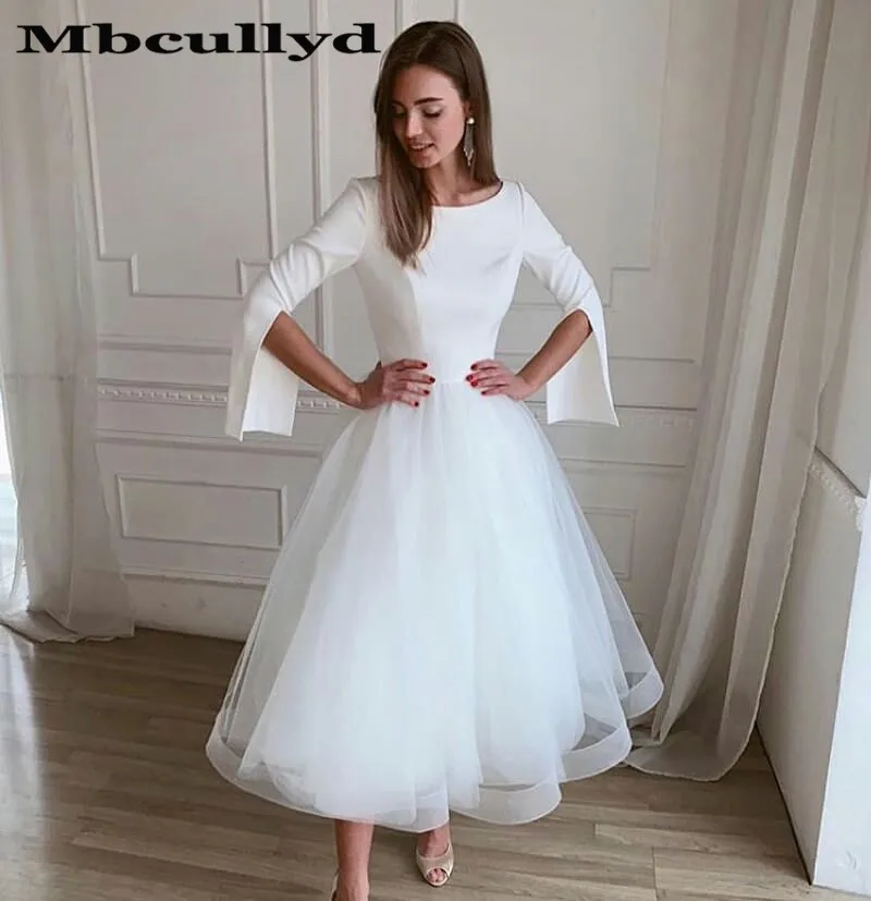 Mbcullyd Chic O-neck Wedding Dress With Long Sleeves 2023 Sexy Tea Length Vestido De Noiva Bohemia Beach Dress For Bridal Women