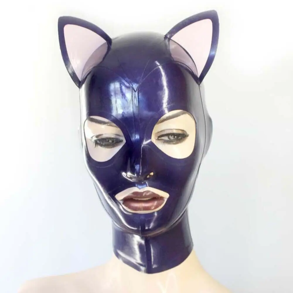 Ladies Purple Latex Rubber Hood,Cat Ear Catsuit Bodysuit Hood Cosplay Party Mask